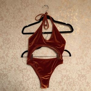 halter velvet orange bodysuit/swimsuit